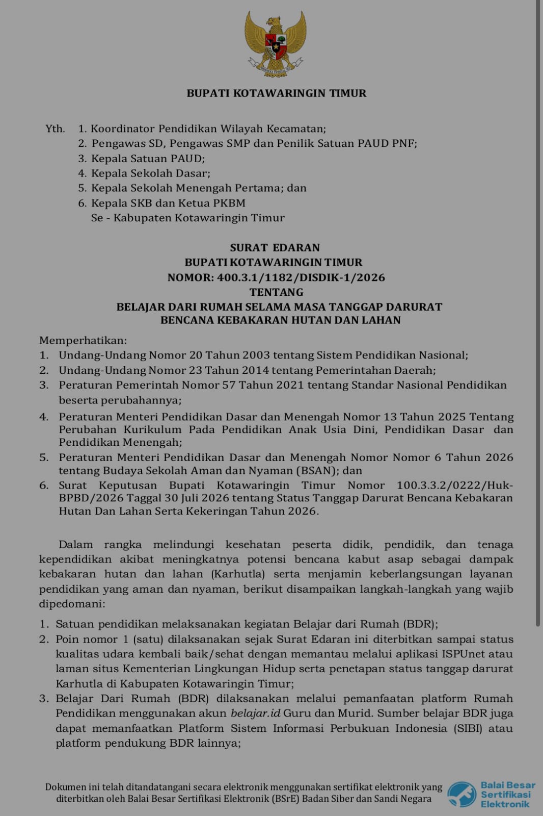 Kabut Asap Memburuk, Bupati Keluarkan Surat Edaran Siswa Belajar dari Rumah