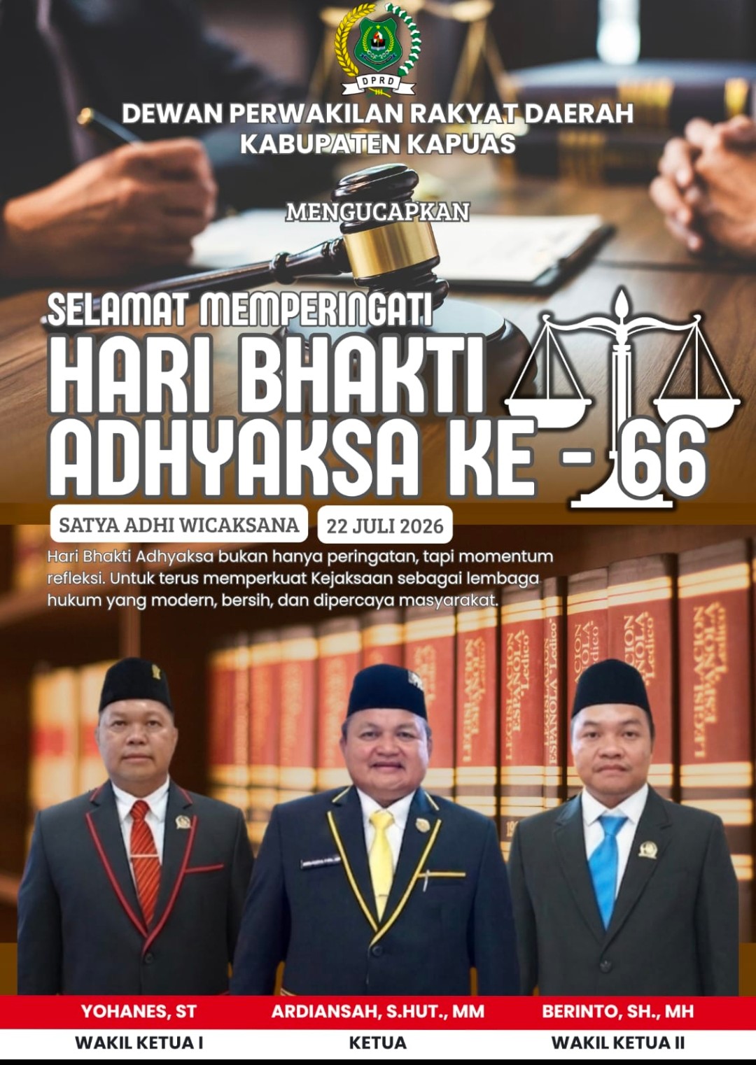 DPRD Kapuas Ucapkan Selamat Hari Bhakti Adhyaksa Ke-66